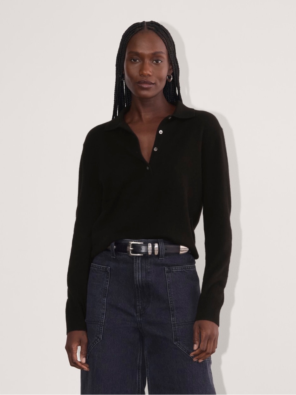 Everlane The Classic Polo Cashmere Black Long Sleeve Sweater XXS NWT Minimalist